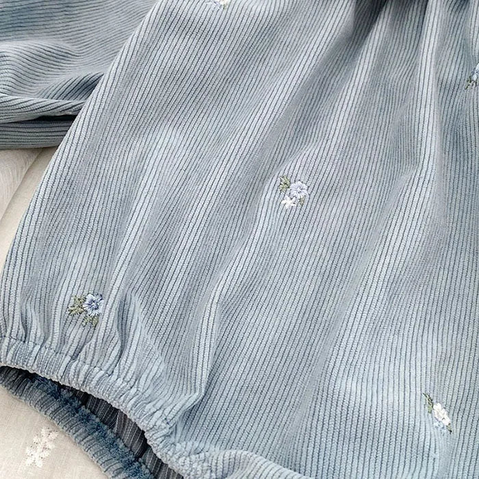 Sister Matching Floral Outfits: Blue Corduroy Embroidered Baby Romper & Girls Princess Dress - Coordinated Sister Boutique Set