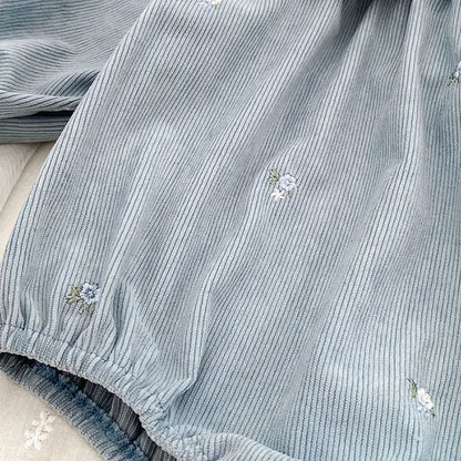 Sister Matching Floral Outfits: Blue Corduroy Embroidered Baby Romper & Girls Princess Dress - Coordinated Sister Boutique Set