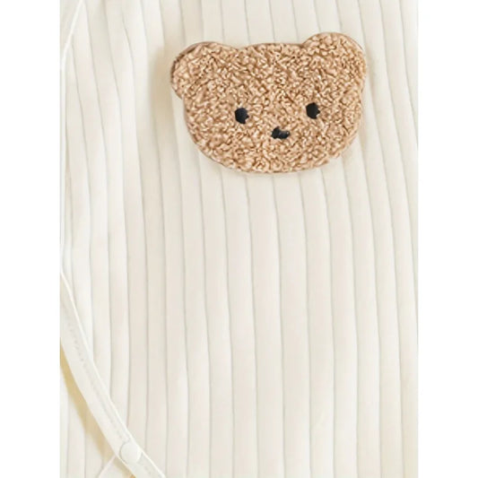 Ribbed Cotton Baby Kimono Romper & Hat Set - Cute Bear Jumpsuit (0-6M)