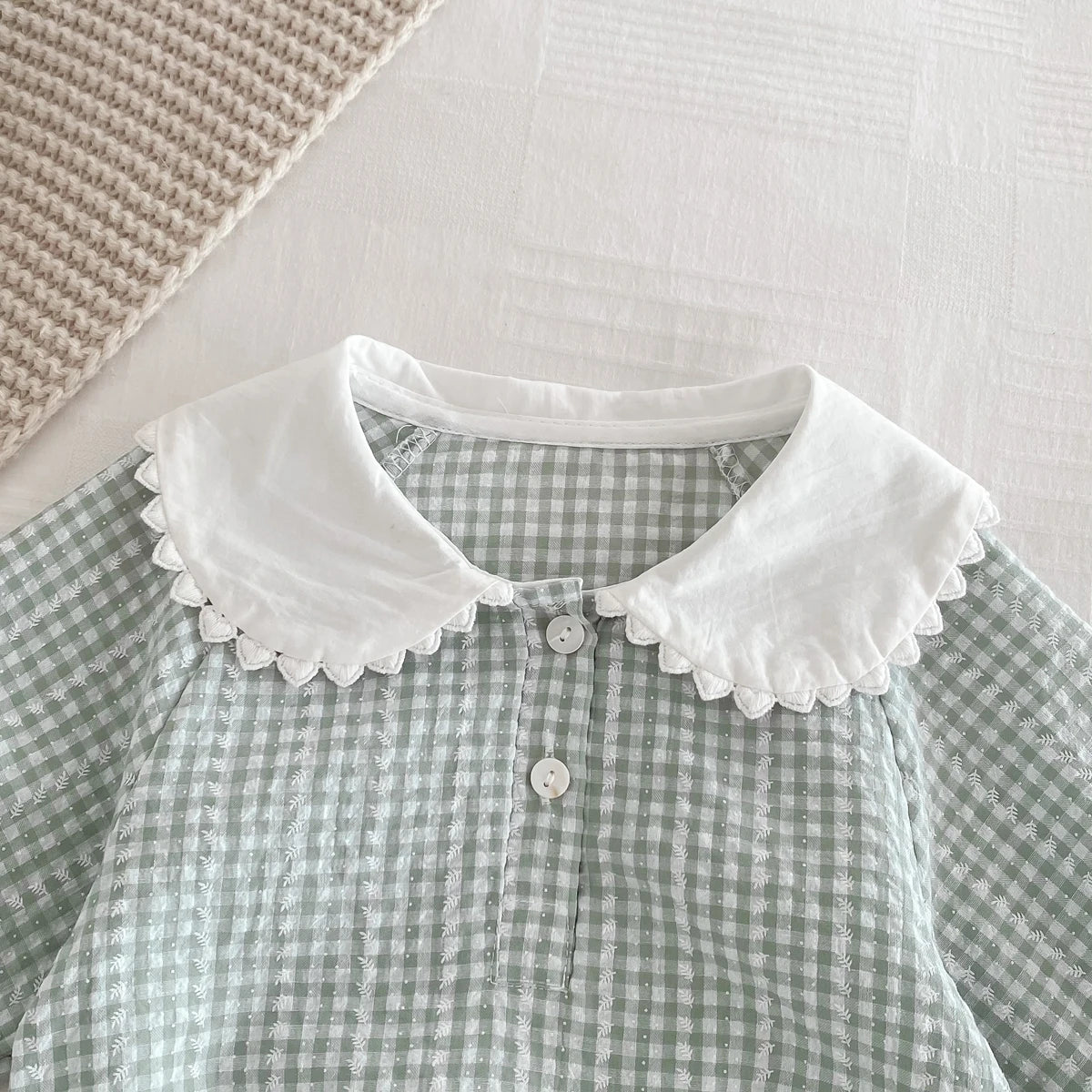 Newborn Baby Girl Sky Blue Gingham Romper - Long Sleeve Peter Pan Collar Cotton Jumpsuit (0-12 Months)