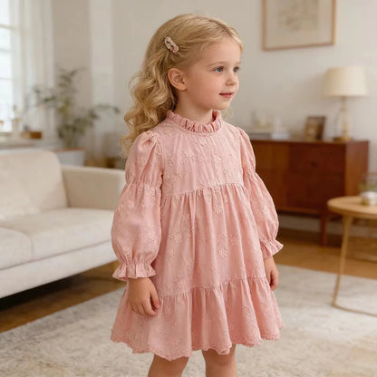 Toddler & Girls Pink Floral Embroidered Long Sleeve Tiered Dress (2T-6T)