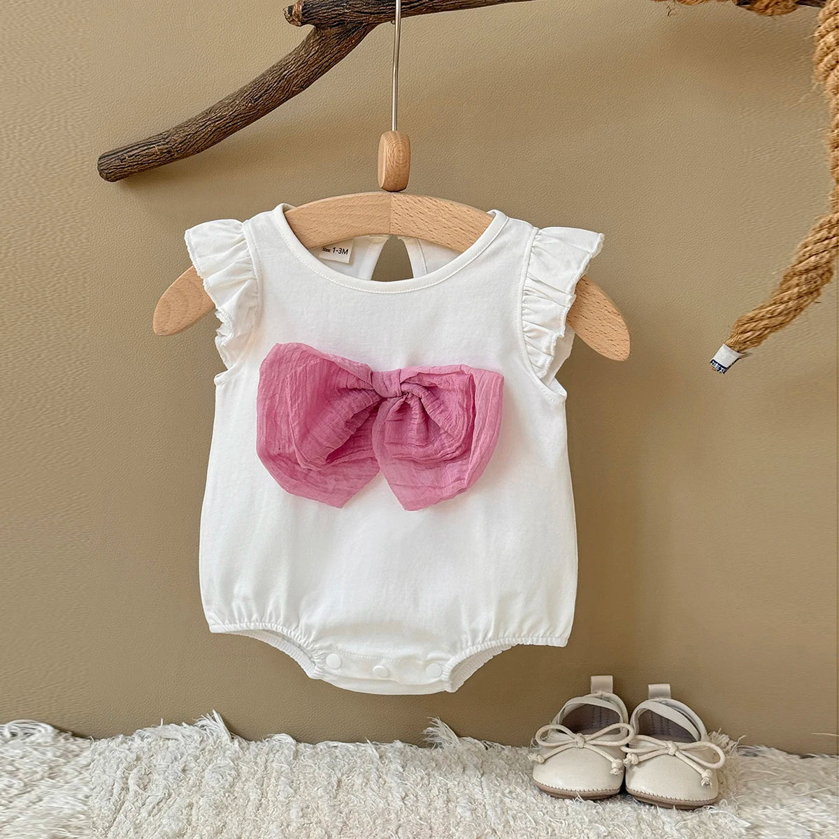 Baby Girl Ruffle Sleeve Knitted Bodysuit - Sweet Summer One-Piece Romper with Large Bow (1-18M)
