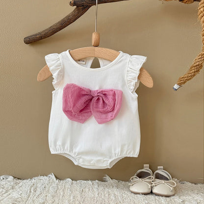Baby Girl Ruffle Sleeve Knitted Bodysuit - Sweet Summer One-Piece Romper with Large Bow (1-18M)