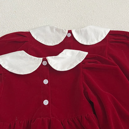 Baby Girl Red Christmas Bubble Romper | Smocked Holiday Outfit with Collar (3-24M)