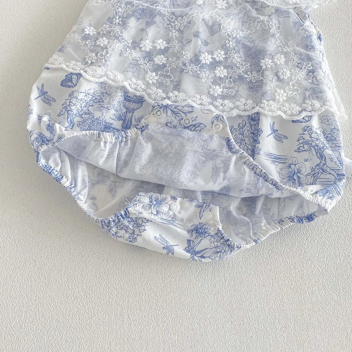 Baby Girl Floral Mesh Romper - Blue Toile Flying Sleeve Summer Jumpsuit (3-18M)