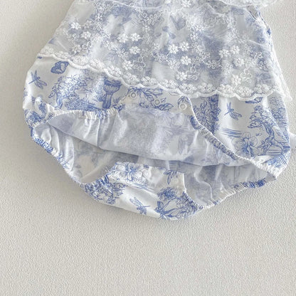 Baby Girl Floral Mesh Romper - Blue Toile Flying Sleeve Summer Jumpsuit (3-18M)