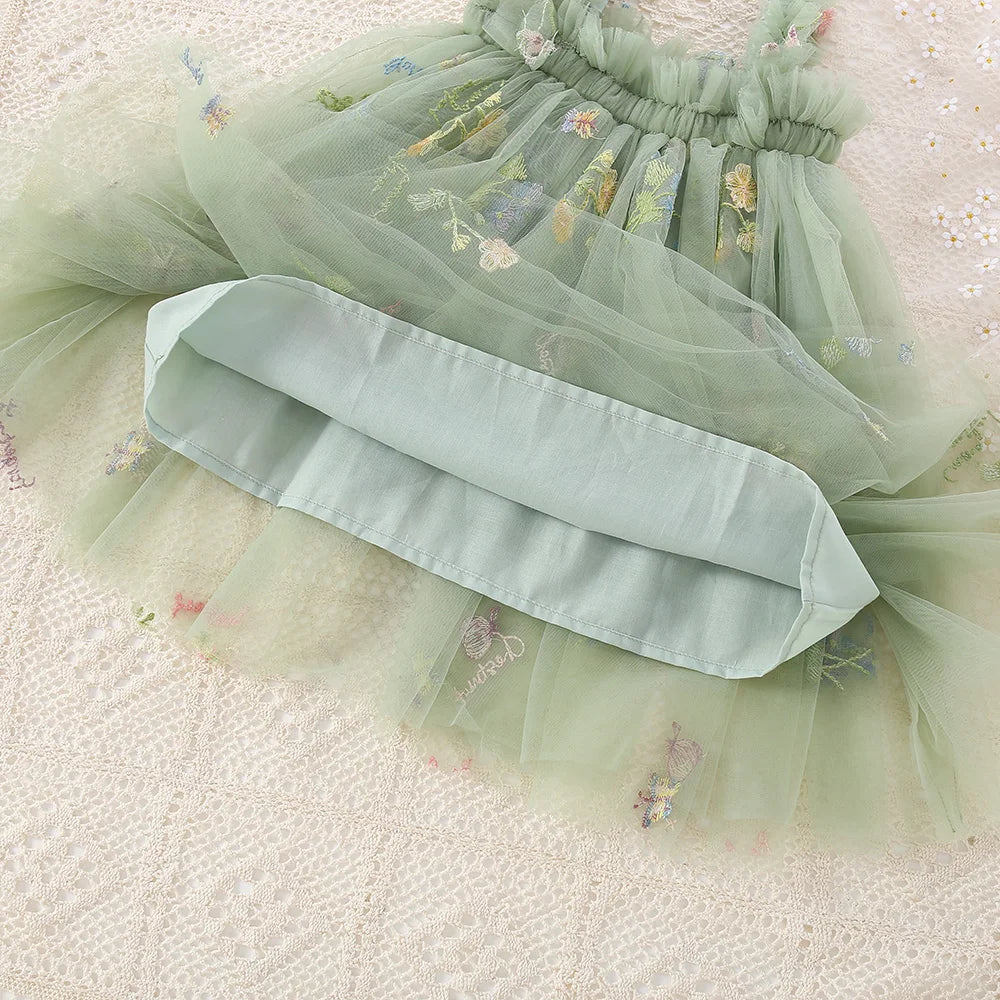Fairy Princess Tulle Dress - Sage Green Floral Embroidery (6M-5T)