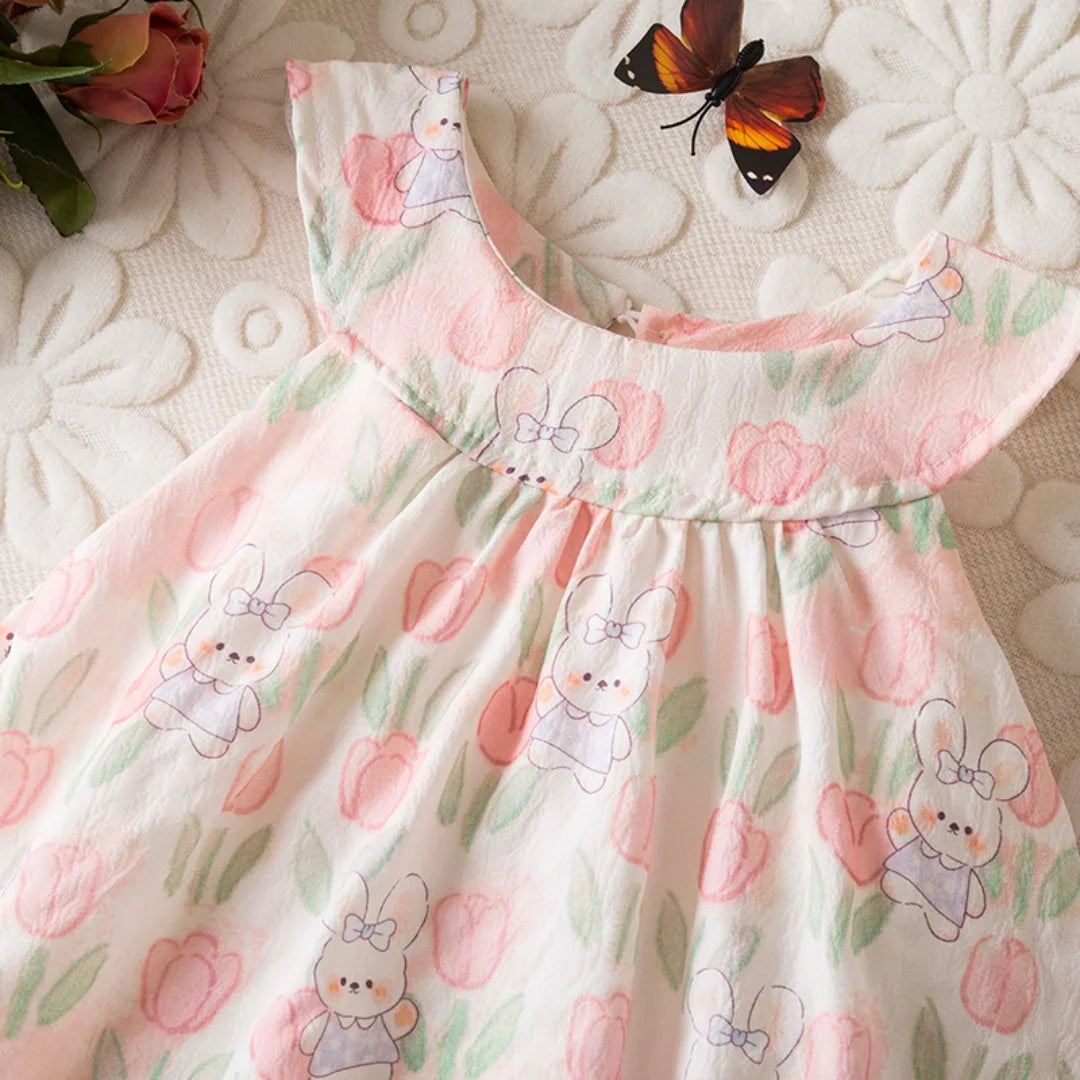 Baby Girl Easter Dress with Bunny Ears & Tail - Cotton Tulip Print Summer Sun Dress (9M-3T)