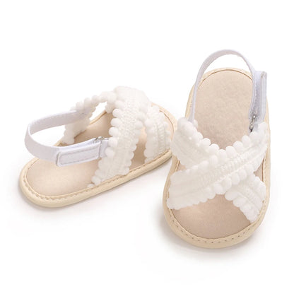 Boho Infant Girls Pom Pom Sandals - Non-Slip Soft Sole First Walker Shoes (0-18M)