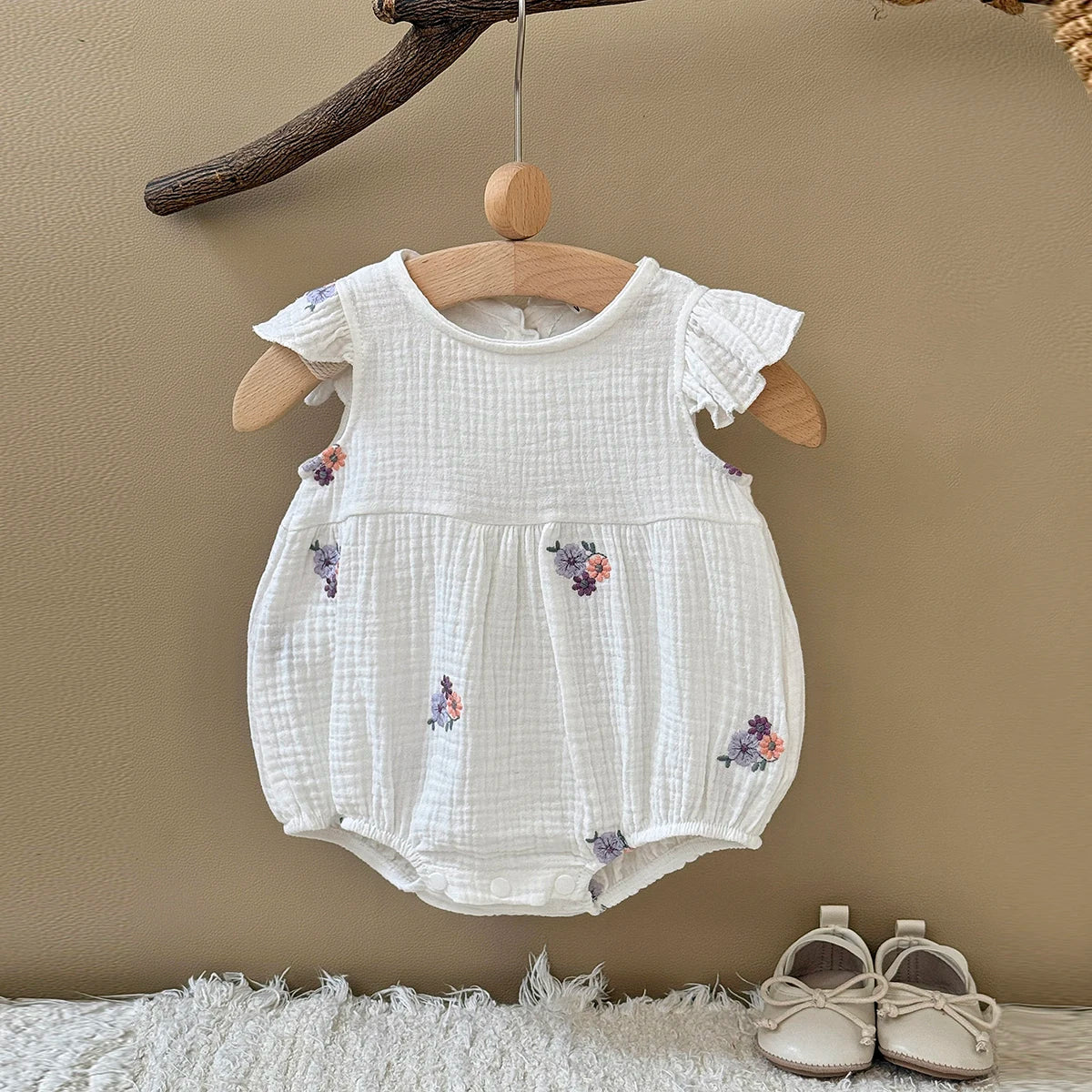 Summer Embroidered Floral Baby Romper - White Cotton Muslin Ruffle Sleeve Bodysuit (6-18M)