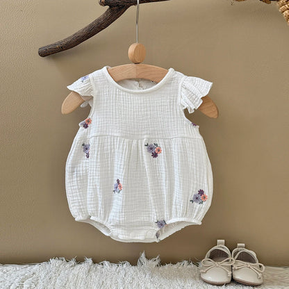 Summer Embroidered Floral Baby Romper - White Cotton Muslin Ruffle Sleeve Bodysuit (6-18M)