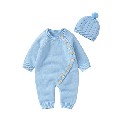 Knitted Baby Romper & Hat Set - Soft Side-Button Jumpsuit (0-18M)