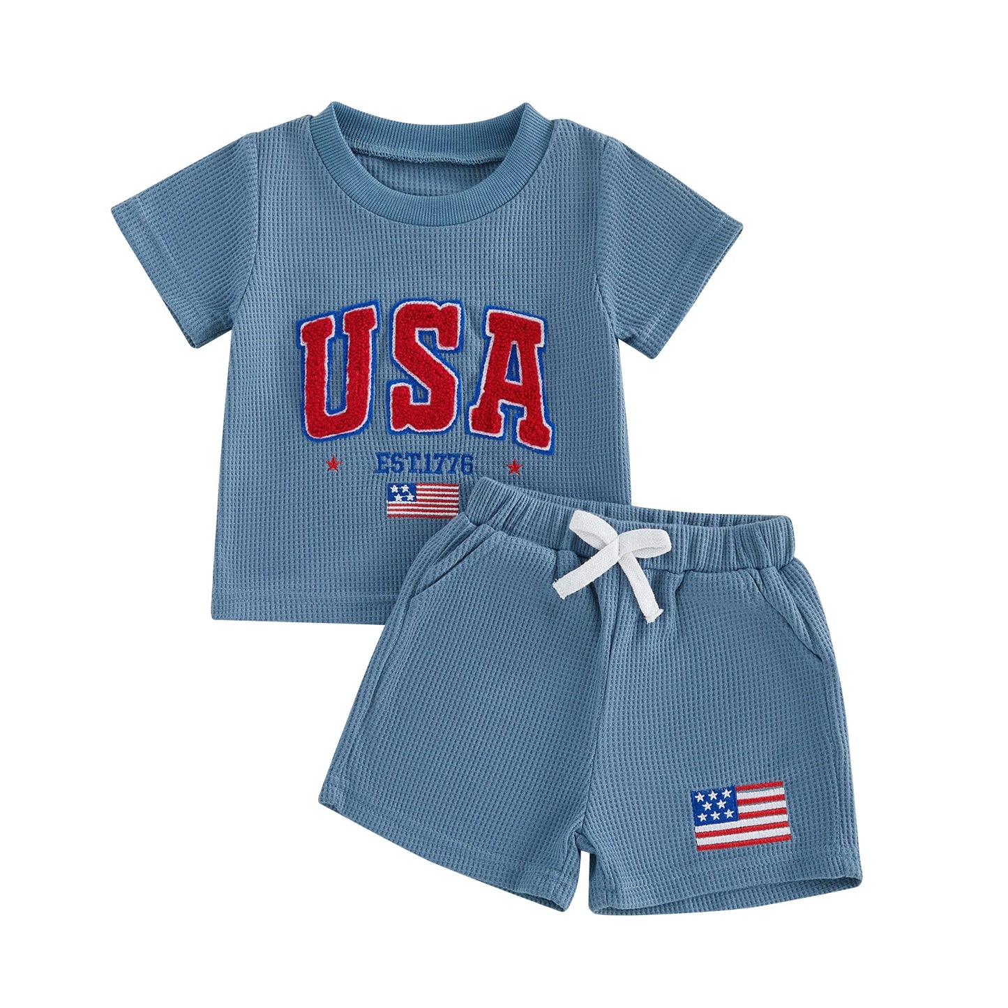 Toddler Boy 4th of July Outfit - USA Patriotic Blue Waffle Shorts Set (0-3T)