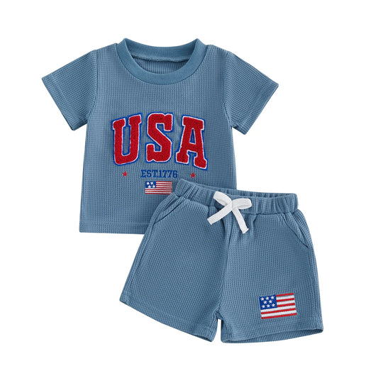 Toddler Boy 4th of July Outfit - USA Patriotic Blue Waffle Shorts Set (0-3T)