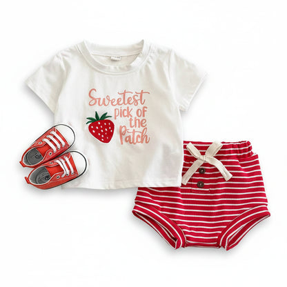 Baby & Toddler Girls "Sweetest Pick" Strawberry T-Shirt and Striped Shorts 2pc Summer Set (6M-3T)