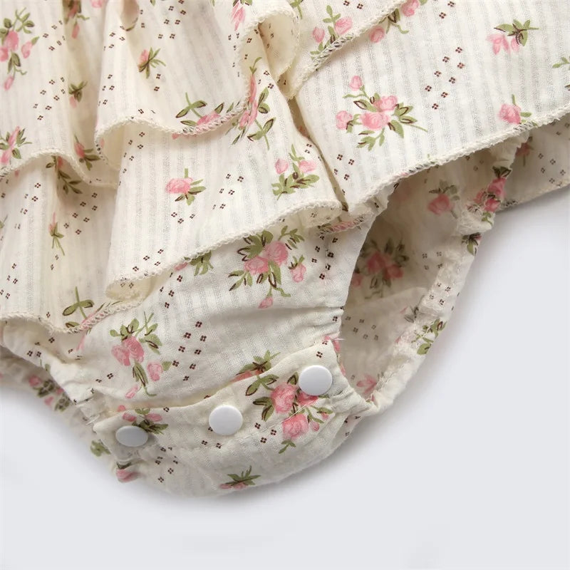 Baby Girl Summer Floral Romper Set – Sleeveless Ruffled Jumpsuit with Matching Bow Headband, Beige Cotton Blend (0-24M)