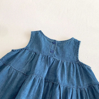 Toddler & Baby Girls Sleeveless Blue Denim Dress - 100% Cotton A-Line Summer Tiered Dress with Bows(6M-5T)