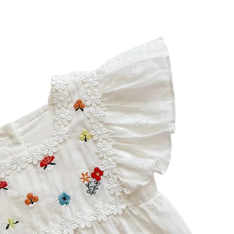 Embroidered Floral Flutter Sleeve Baby Romper – White Eyelet Cotton One-Piece (3M-24M)