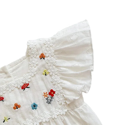 Embroidered Floral Flutter Sleeve Baby Romper – White Eyelet Cotton One-Piece (3M-24M)