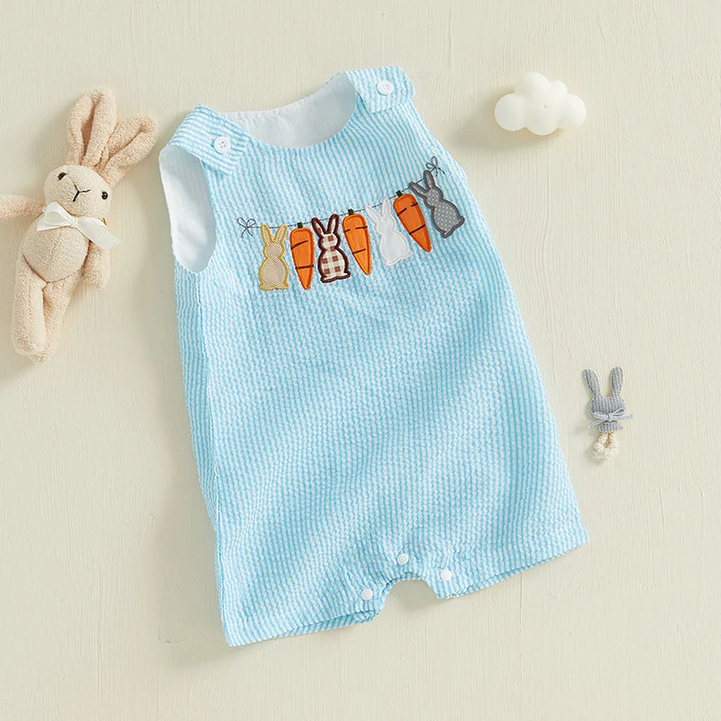 Baby & Toddler Easter Bunny Seersucker Romper - Sleeveless Carrot Embroidered Jumpsuit (3M-3T)