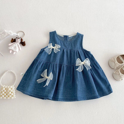 Toddler & Baby Girls Sleeveless Blue Denim Dress - 100% Cotton A-Line Summer Tiered Dress with Bows(6M-5T)