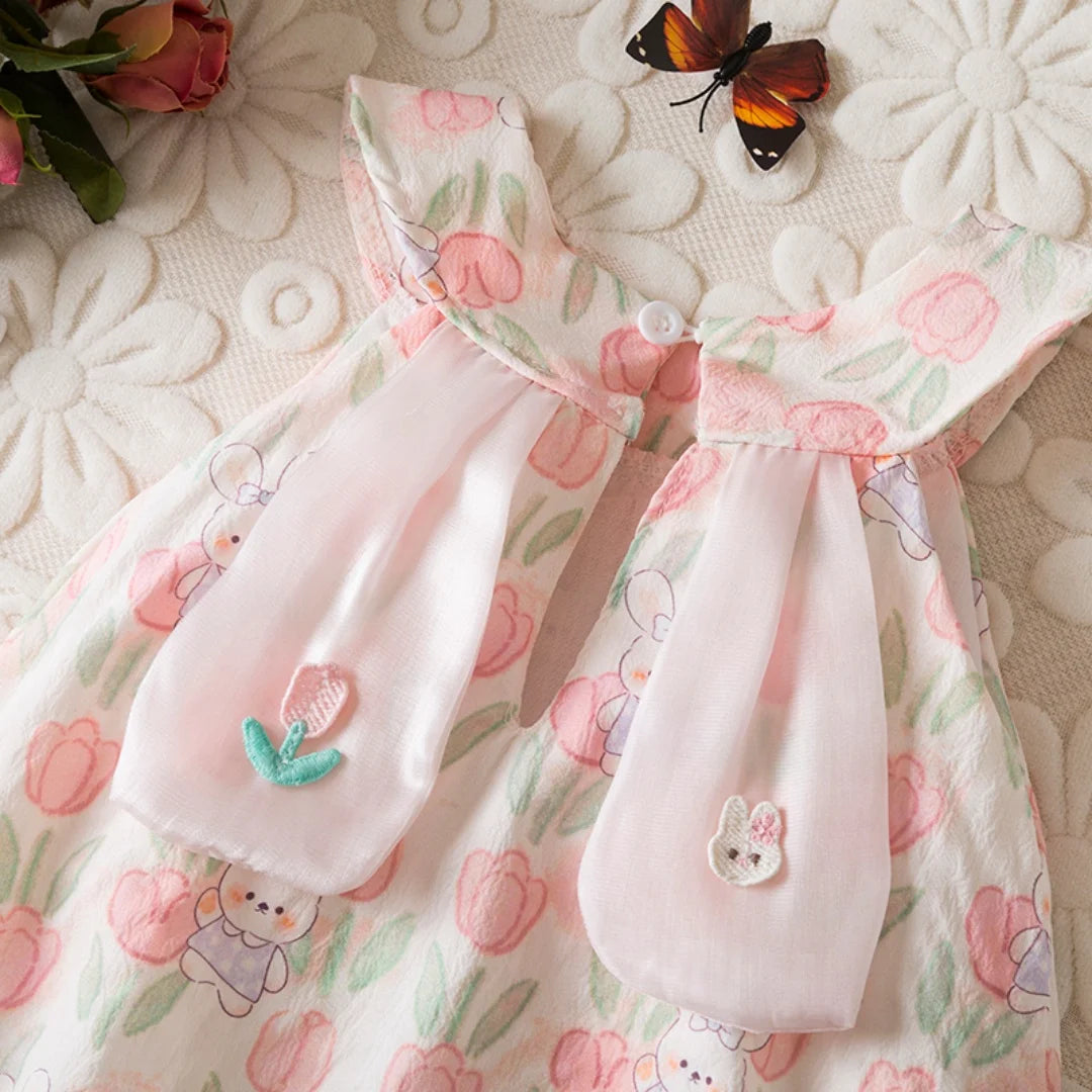 Baby Girl Easter Dress with Bunny Ears & Tail - Cotton Tulip Print Summer Sun Dress (9M-3T)