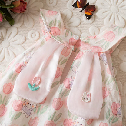 Baby Girl Easter Dress with Bunny Ears & Tail - Cotton Tulip Print Summer Sun Dress (9M-3T)