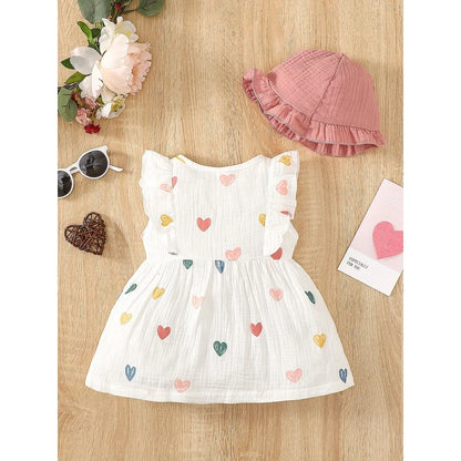Newborn Baby Girl Heart Print Muslin Cotton Dress & Hat Set - 2PCS Sleeveless Summer A-Line Outfit (0-9M)