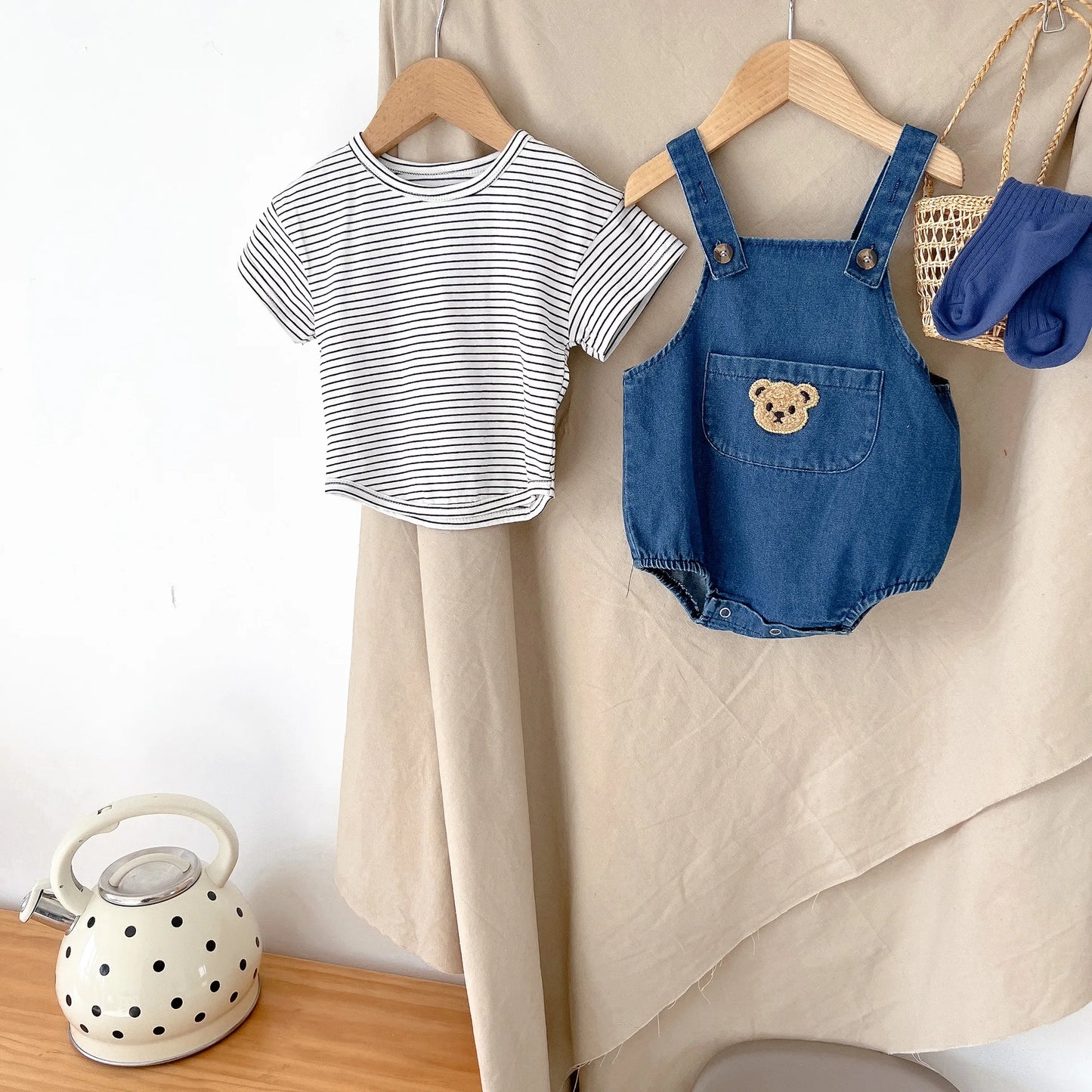 Unisex Baby Striped T-Shirt and Denim Bear Romper Set - 2pc Summer Toddler Outfit (3M-3T)