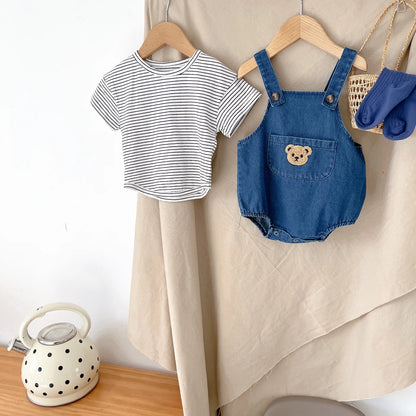 Unisex Baby Striped T-Shirt and Denim Bear Romper Set - 2pc Summer Toddler Outfit (3M-3T)