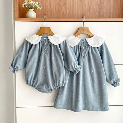 Sister Matching Floral Outfits: Blue Corduroy Embroidered Baby Romper & Girls Princess Dress - Coordinated Sister Boutique Set