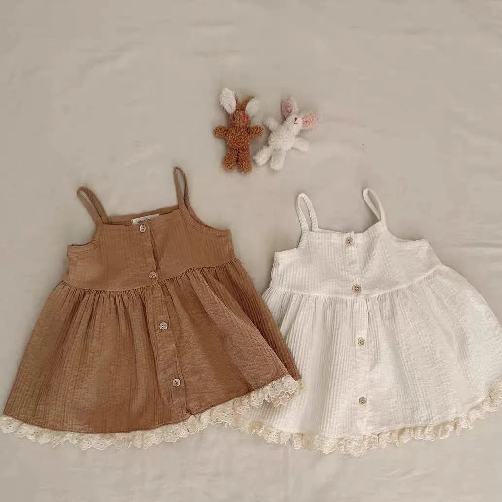 Baby Girls Muslin Cotton Summer Dress - Sleeveless Button-Front Boho Eyelet Sun Dress (3M-24M)