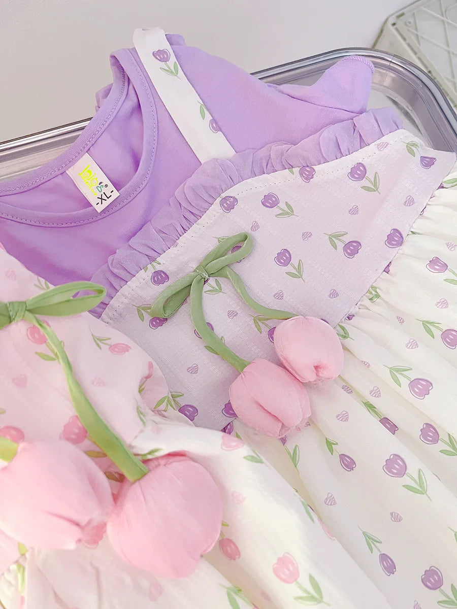 Baby & Toddler Girls Cotton Floral Summer Dress | Mock Two-Piece Ruffled Sun Dress with Decorative Bow (12M-4T)