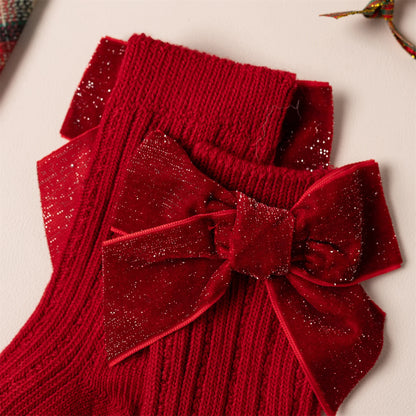 Baby & Toddler Girls Christmas Velvet Bow Socks – Kids Festive Ribbed Knit Stockings (0–8 Years)