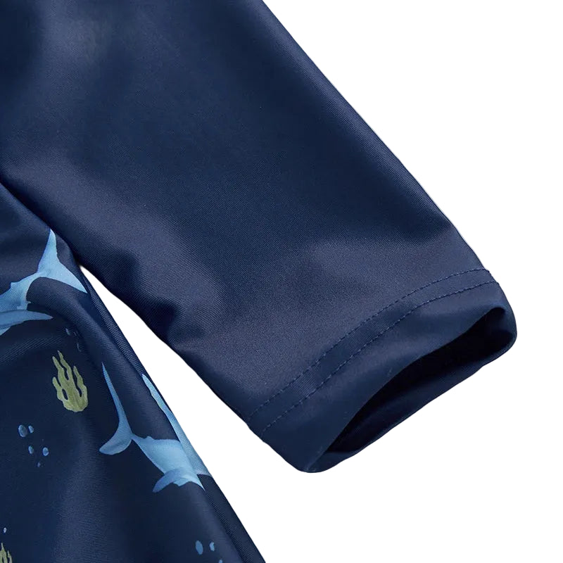 Navy Blue Shark Rash Guard Swimsuit & Sun Hat Set | UPF 50+ Protection (0-5T)