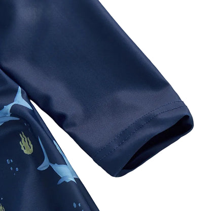 Navy Blue Shark Rash Guard Swimsuit & Sun Hat Set | UPF 50+ Protection (0-5T)