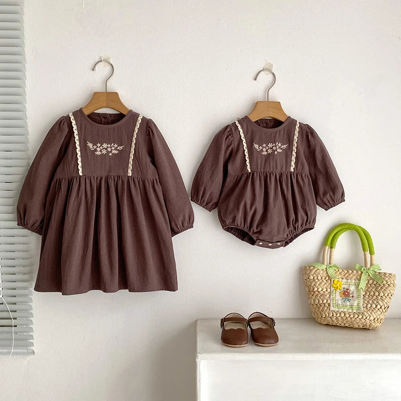 Toddler & Girls Brown Floral Embroidered Cotton Long Sleeve Dress (2T-6T)