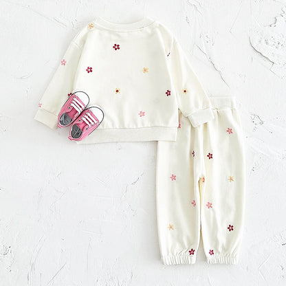 Baby Girls Floral Embroidered Outfit - Cotton Sweatshirt & Pants Set (6M-3T)