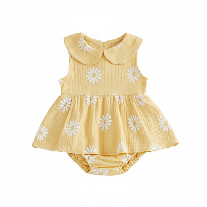 Infant Baby Girl Daisy Print Romper Dress - Sleeveless Cotton Floral Jumpsuit with Peter Pan Collar (0-18M)