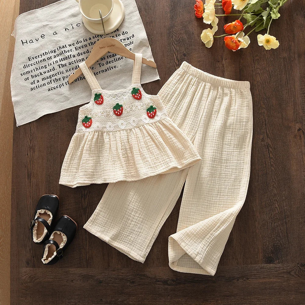 Girls 2-Piece Strawberry Cotton Muslin Set - Lace Camisole & Wide Leg Pants (3T-7)