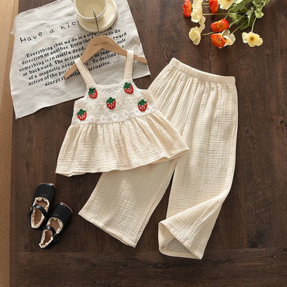 Girls 2-Piece Strawberry Cotton Muslin Set - Lace Camisole & Wide Leg Pants (3T-7)