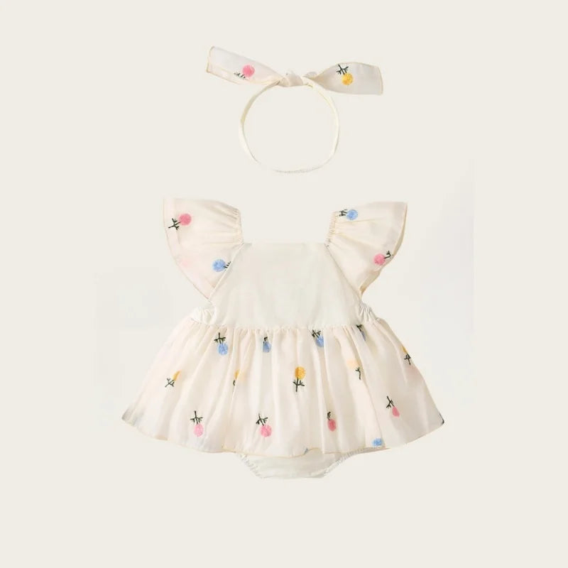 Baby Girl Floral Embroidered Cotton Romper Dress with Matching Headband | Flutter Sleeve Summer Toddler Outfit (3-24M)
