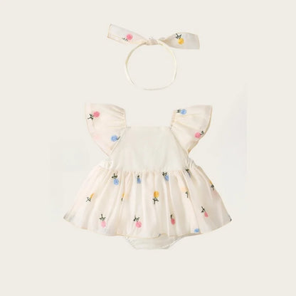 Baby Girl Floral Embroidered Cotton Romper Dress with Matching Headband | Flutter Sleeve Summer Toddler Outfit (3-24M)