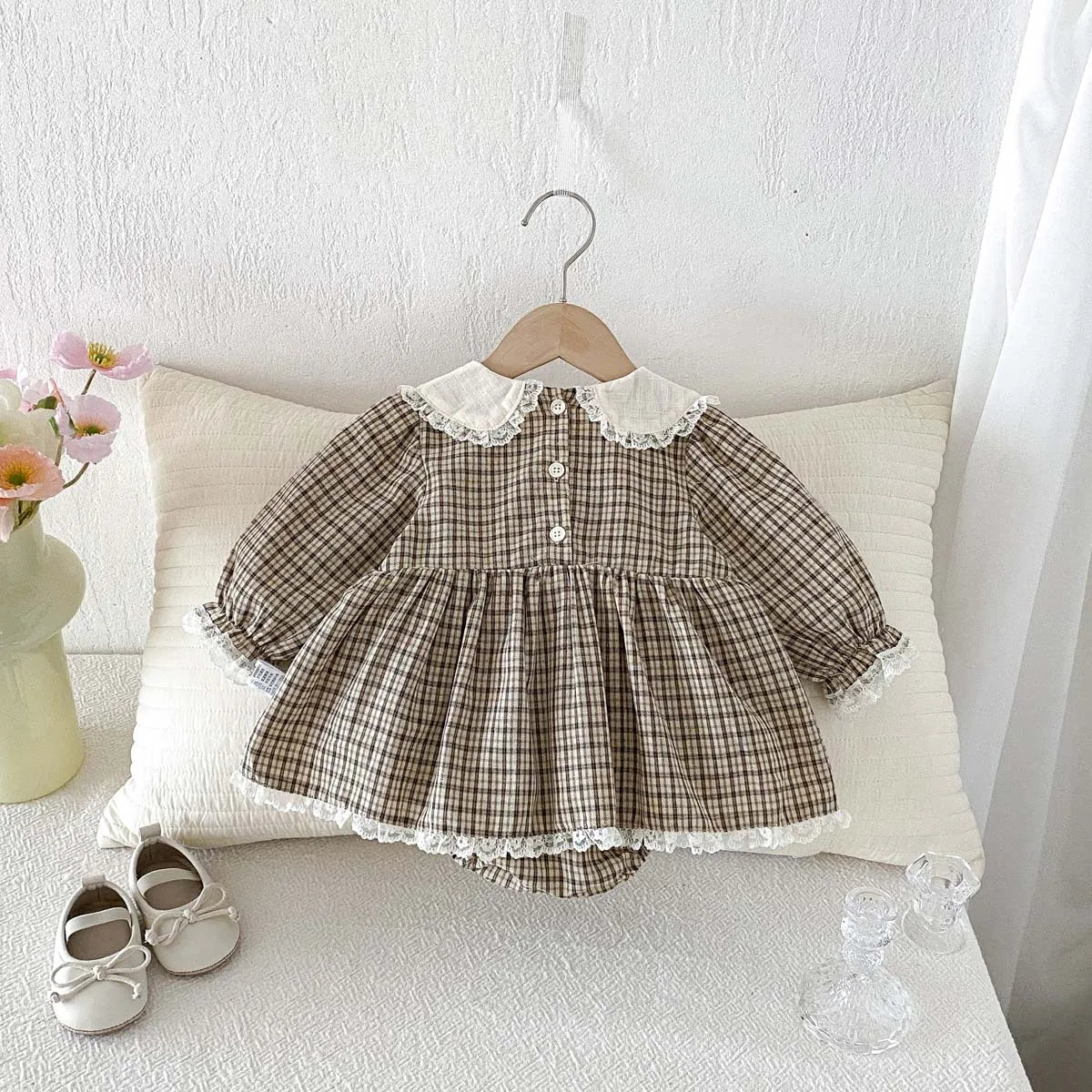 Baby Girl Plaid Long Sleeve Romper Dress - Lace Peter Pan Collar Toddler Outfit