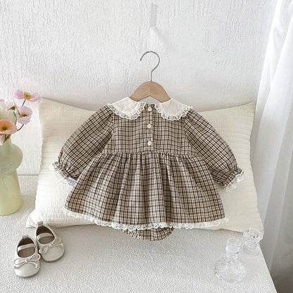 Baby Girl Plaid Long Sleeve Romper Dress - Lace Peter Pan Collar Toddler Outfit