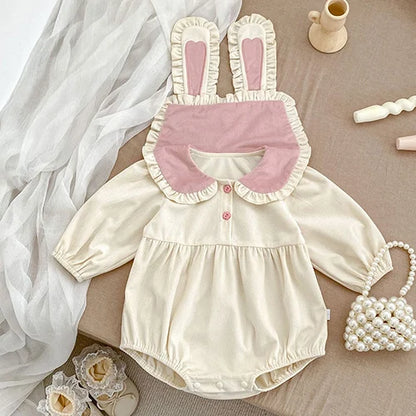 Baby Girl Bunny Ear Easter Bodysuit - Long Sleeve Cotton Jumpsuit (3-24M)