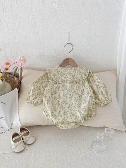 Baby Girl Floral Long Sleeve Bodysuit - Korean Style Peter Pan Collar Romper (0-24 Months)