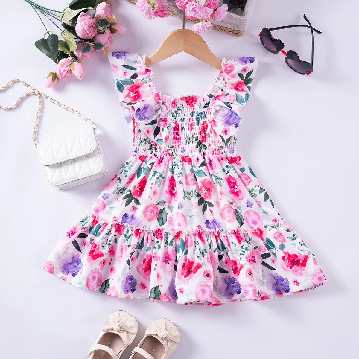 Girls Floral Summer Dress with Ruffled Sleeves & Smocked Waist (2T-6T)