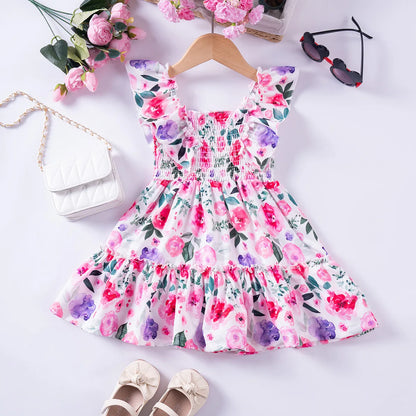 Girls Floral Summer Dress with Ruffled Sleeves & Smocked Waist (2T-6T)