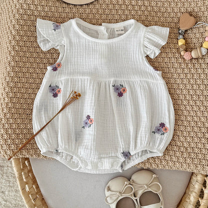 Summer Embroidered Floral Baby Romper - White Cotton Muslin Ruffle Sleeve Bodysuit (6-18M)